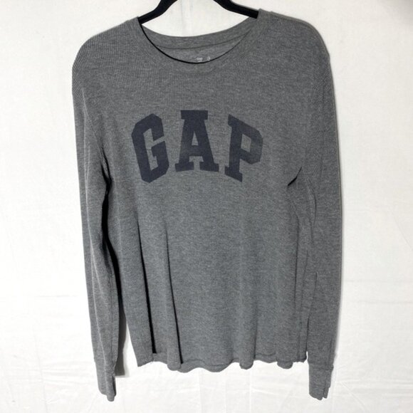 SOLD-Vintage GAP Grey Long Sleeve Crewneck Waffle Shirt W Navy Blue Logo L - Picture 1 of 15